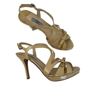 Prada Patent Leather Bow Accents Strappy Sandals Shoes Nude Tan | 37.5 (US 7.5)